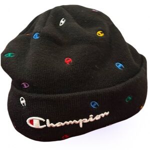 Champion black colourful monogram chunky cuffed logo beanie